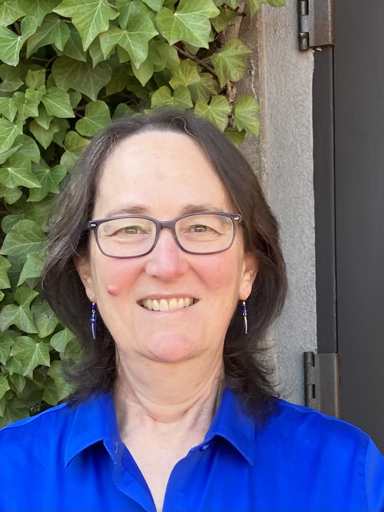 Julie Simon is a white female with shoulder length brown hair and dark-rimmed glasses. She is wearing a royal blue blouse and is standing in front of a green ivy-covered wall.