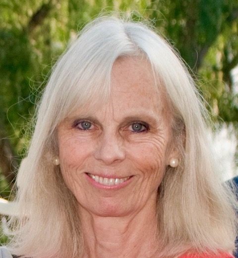 Headshot of an older woman with long straight silver hair, smiling warmly at the camera, centered against a softly blurred outdoor background. 