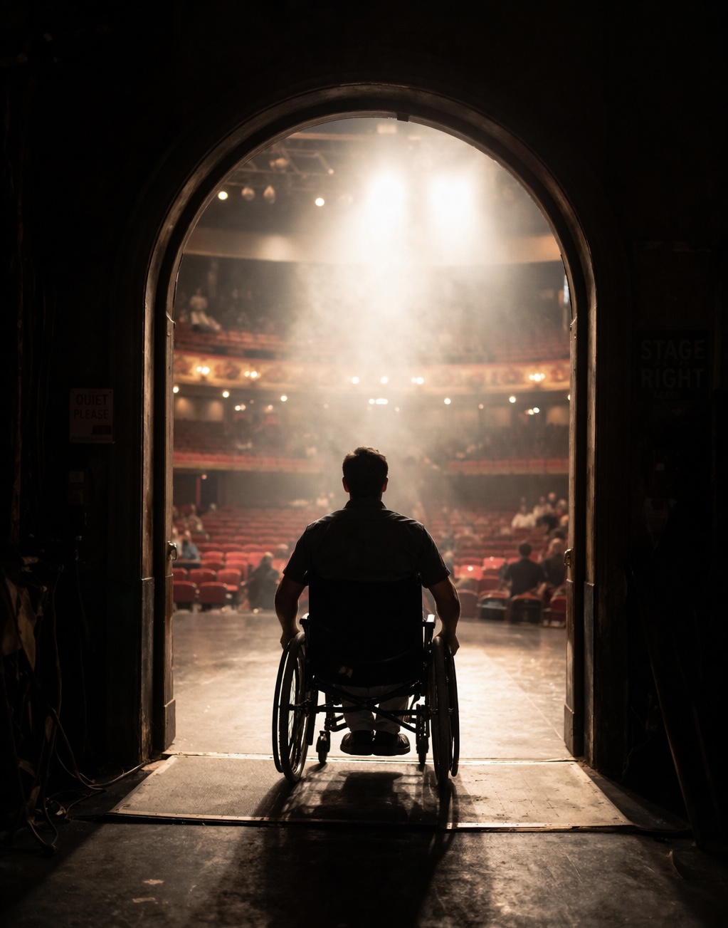 A silhouetted wheelchair user faces an open theater doorway filled with bright, misty light, symbolizing access and new opportunities.